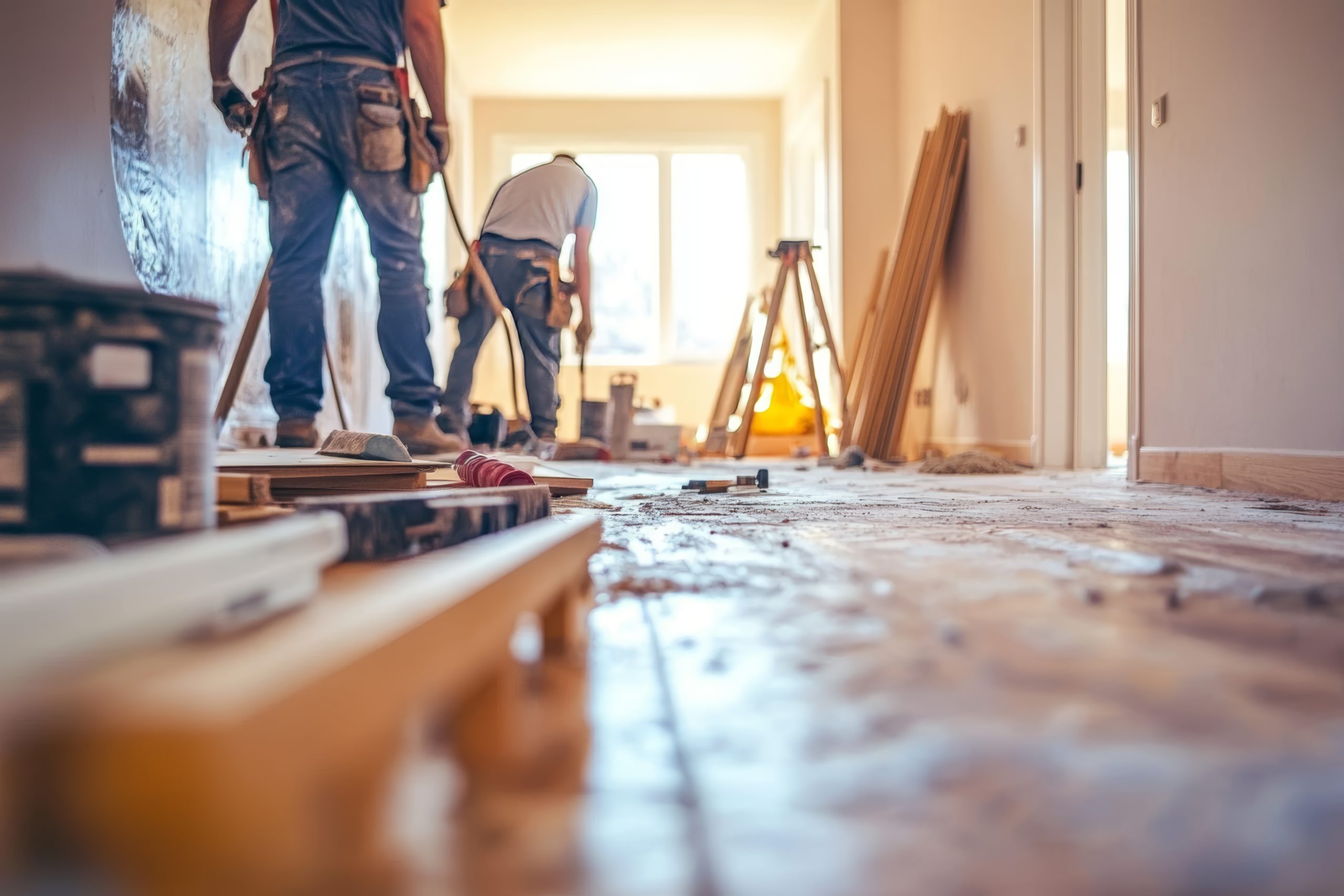 Construction workers renovating interior space